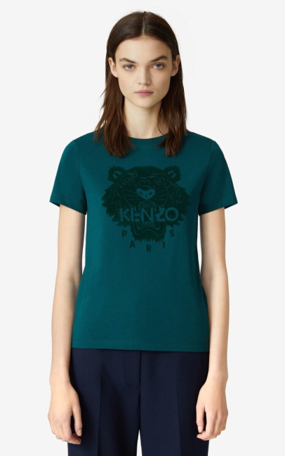 Kenzo Women Tiger Flock T-shirt Duck Blue